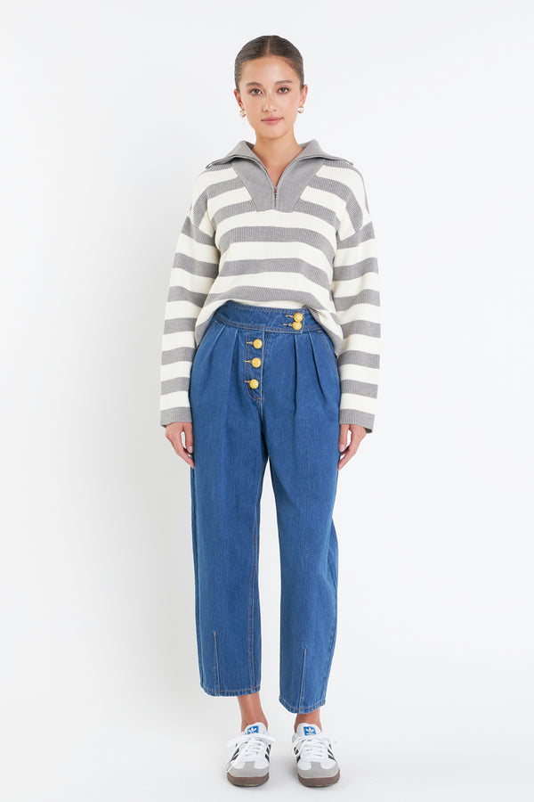 english factory Striped Half-Zip Sweater GREY/IVORY