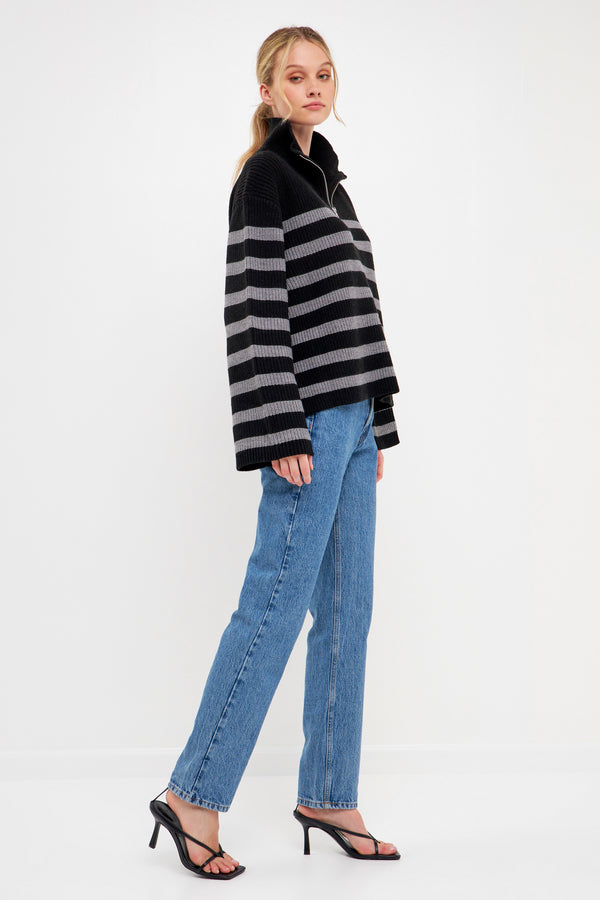 English Factory Striped Half-Zip Sweater- Sale BLACK/GREY STRIPE