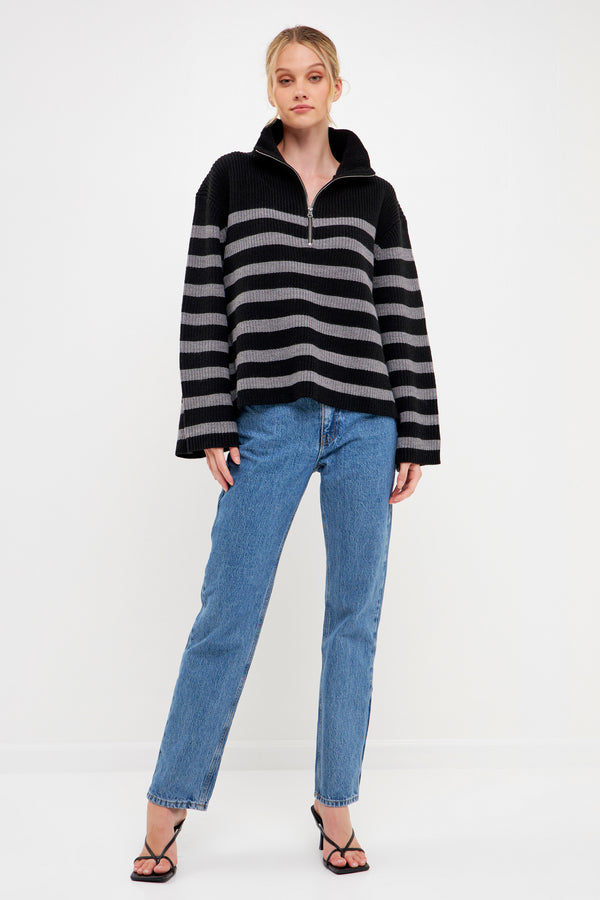 english factory Striped Half-Zip Sweater- Sale BLACK/GREY STRIPE