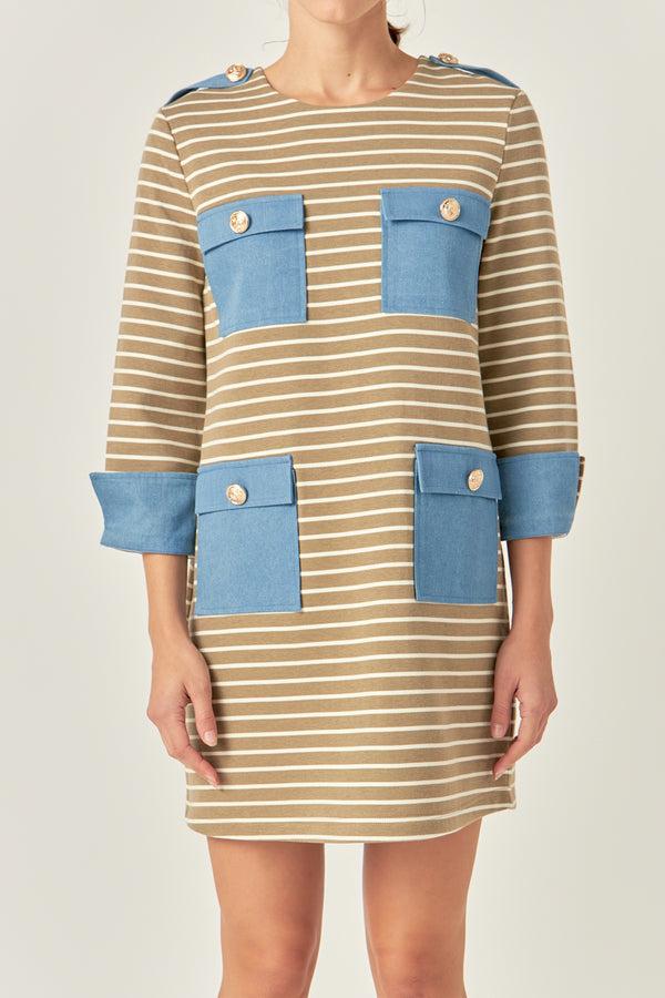 English Factory Striped Jersey Knit Dress With Denim Pockets TAUPE MULTI