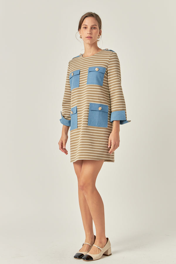 English Factory Striped Jersey Knit Dress With Denim Pockets TAUPE MULTI