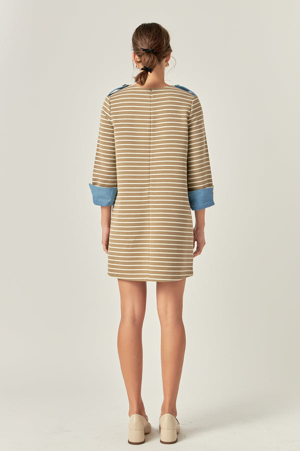 English Factory Striped Jersey Knit Dress With Denim Pockets TAUPE MULTI