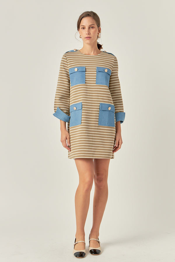 english factory Striped Jersey Knit Dress With Denim Pockets TAUPE MULTI