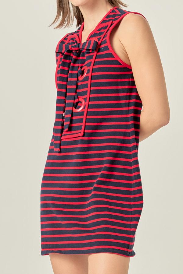 English Factory Striped Knit Lace Up Dress NAVY/RED