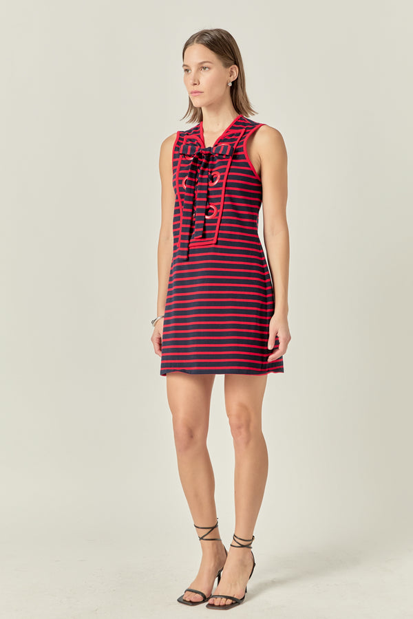 English Factory Striped Knit Lace Up Dress NAVY/RED