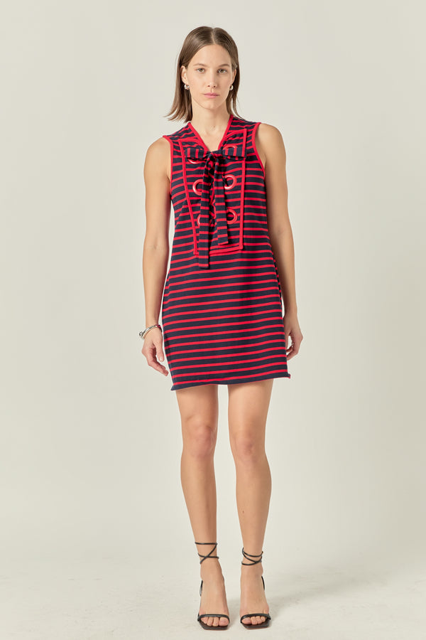 english factory Striped Knit Lace Up Dress NAVY/RED
