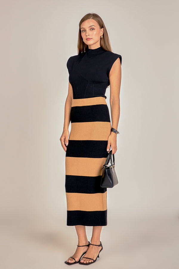 English Factory Striped Knit Midi Skirt CAMEL/BLACK