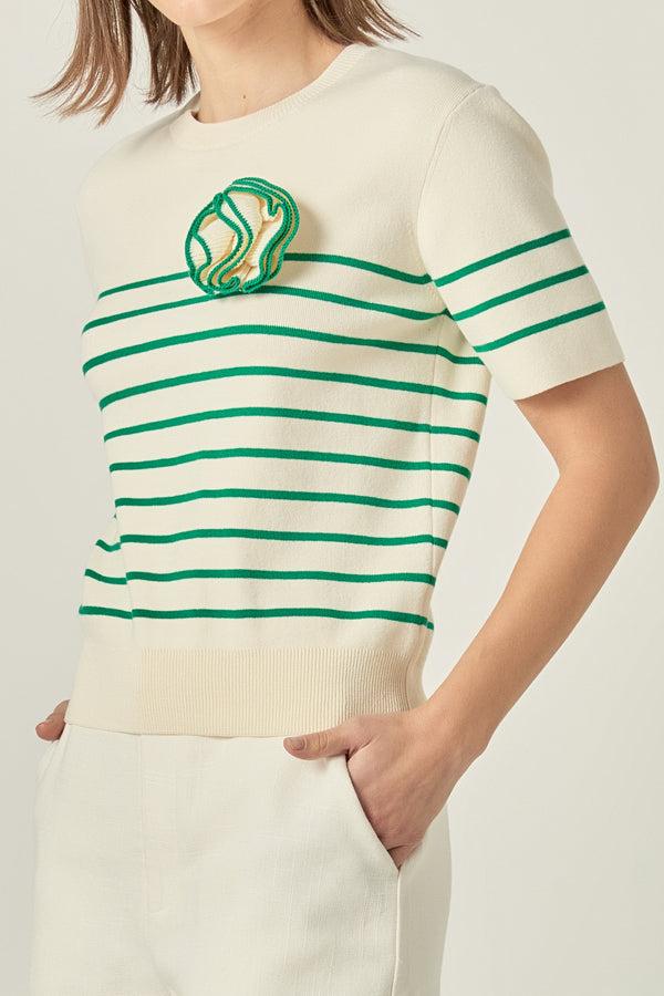 English Factory Striped Knit Sweater With Flower Applique IVORY/GREEN