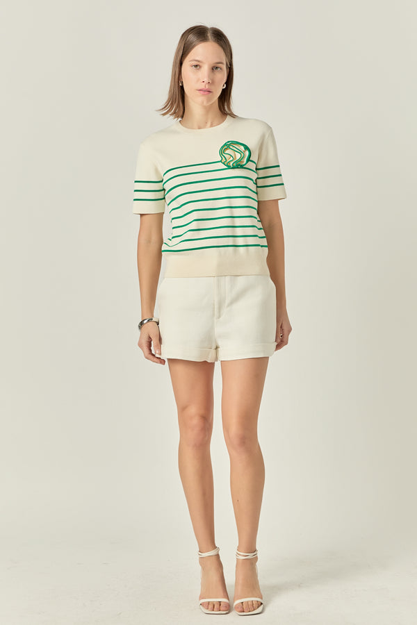 english factory Striped Knit Sweater with Flower Applique IVORY/GREEN