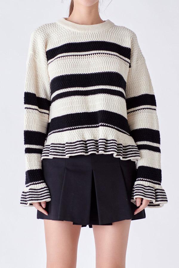 English Factory Striped Knit Sweater With Ruffles IVORY/BLACK
