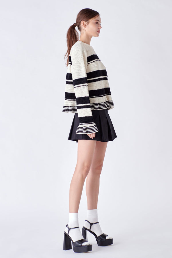 English Factory Striped Knit Sweater With Ruffles IVORY/BLACK