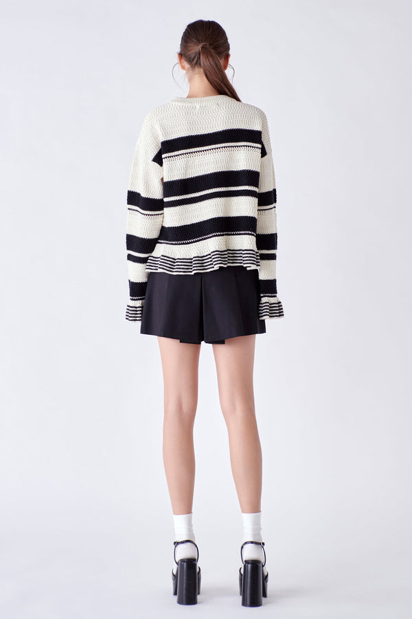 English Factory Striped Knit Sweater With Ruffles IVORY/BLACK