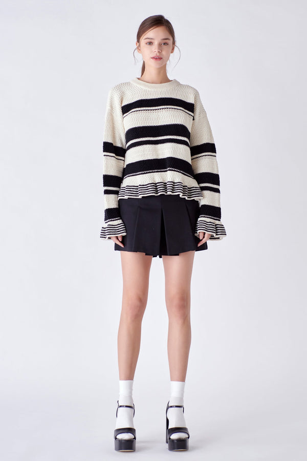 english factory Striped Knit Sweater With Ruffles IVORY/BLACK