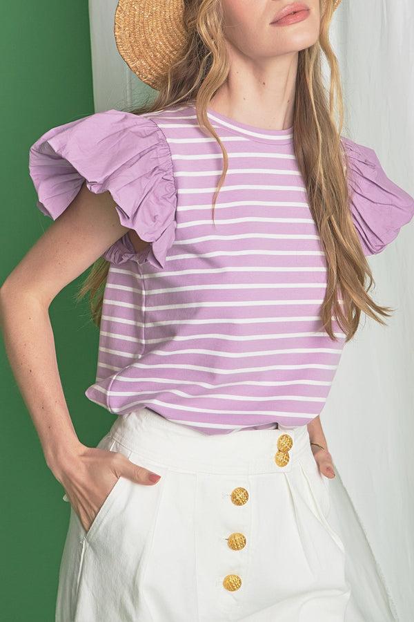 English Factory Striped Knit With Poplin Puff Sleeve Top LILAC/WHITE