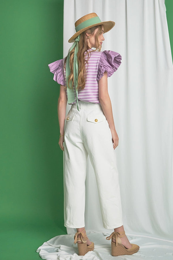 English Factory Striped Knit With Poplin Puff Sleeve Top LILAC/WHITE