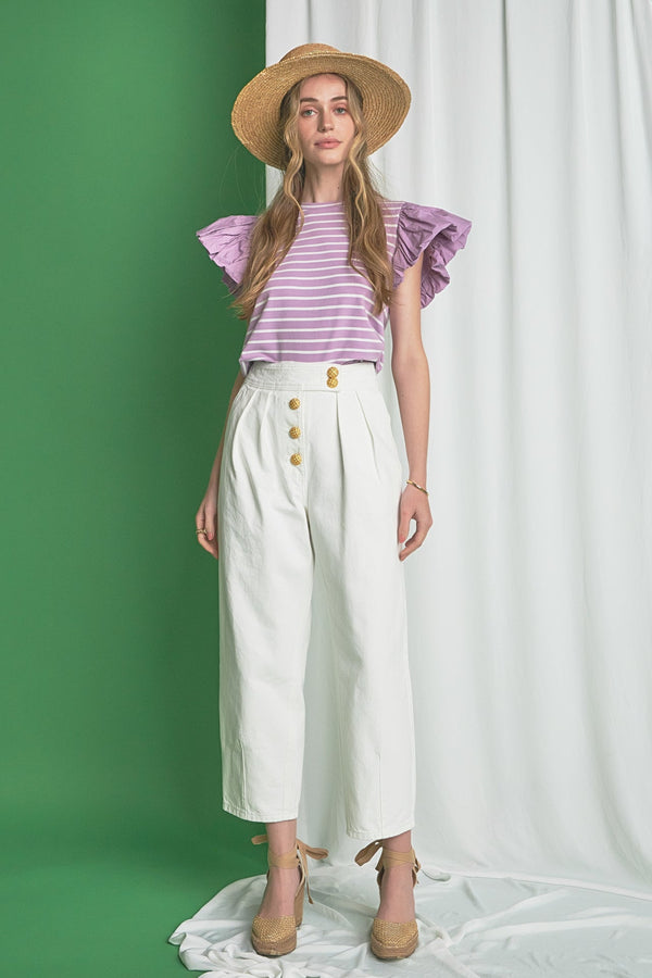 english factory Striped Knit with Poplin Puff Sleeve Top LILAC/WHITE