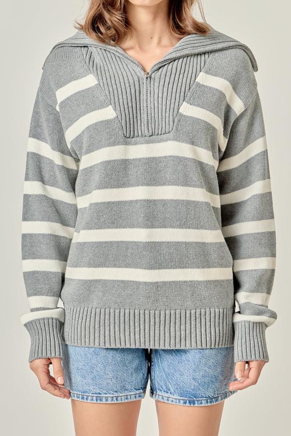English Factory Striped Knit Zip Pullover HEATHER GREY/WHITE