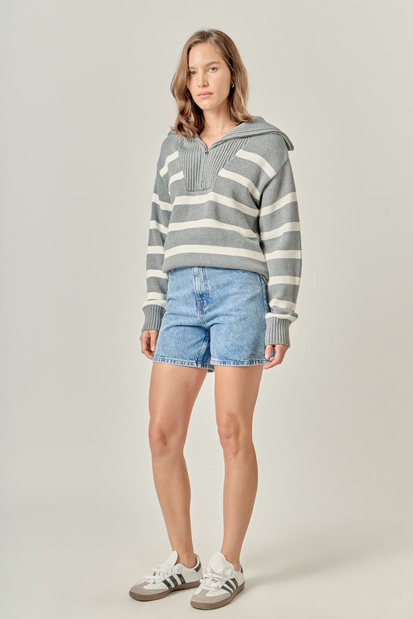 English Factory Striped Knit Zip Pullover HEATHER GREY/WHITE