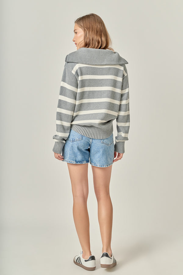English Factory Striped Knit Zip Pullover HEATHER GREY/WHITE