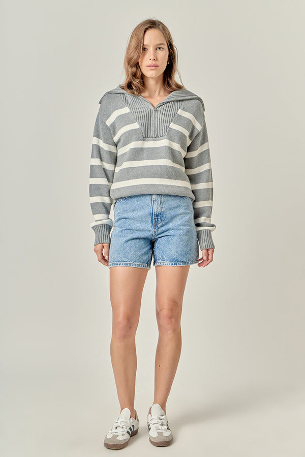 english factory Striped Knit Zip Pullover HEATHER GREY/WHITE
