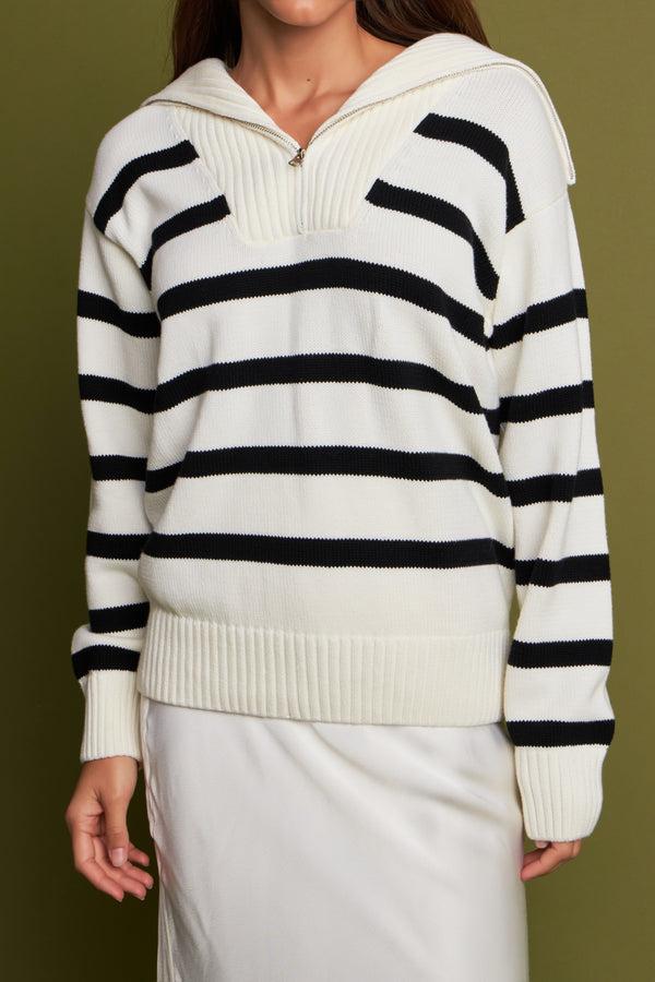 English Factory Striped Knit Zip Pullover In White WHITE