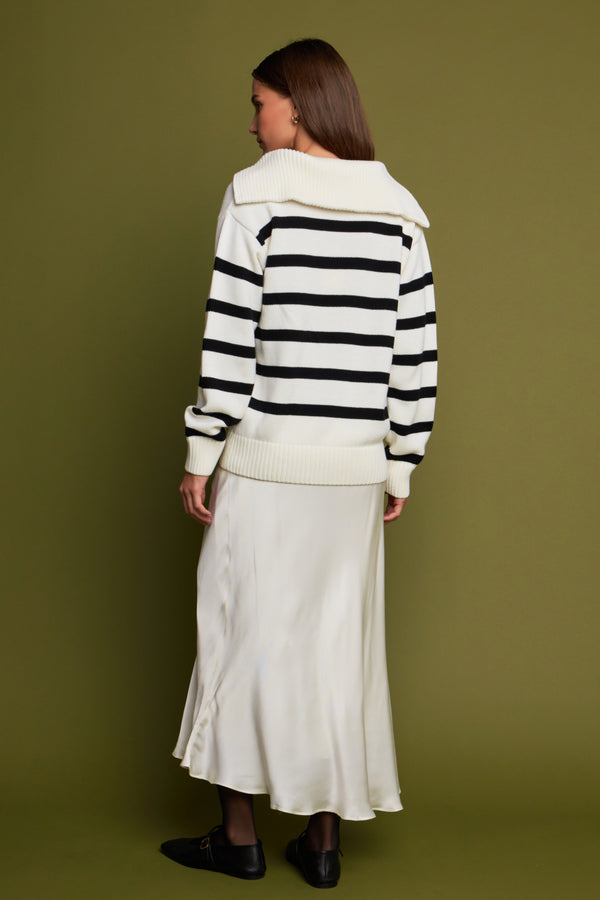 English Factory Striped Knit Zip Pullover In White WHITE
