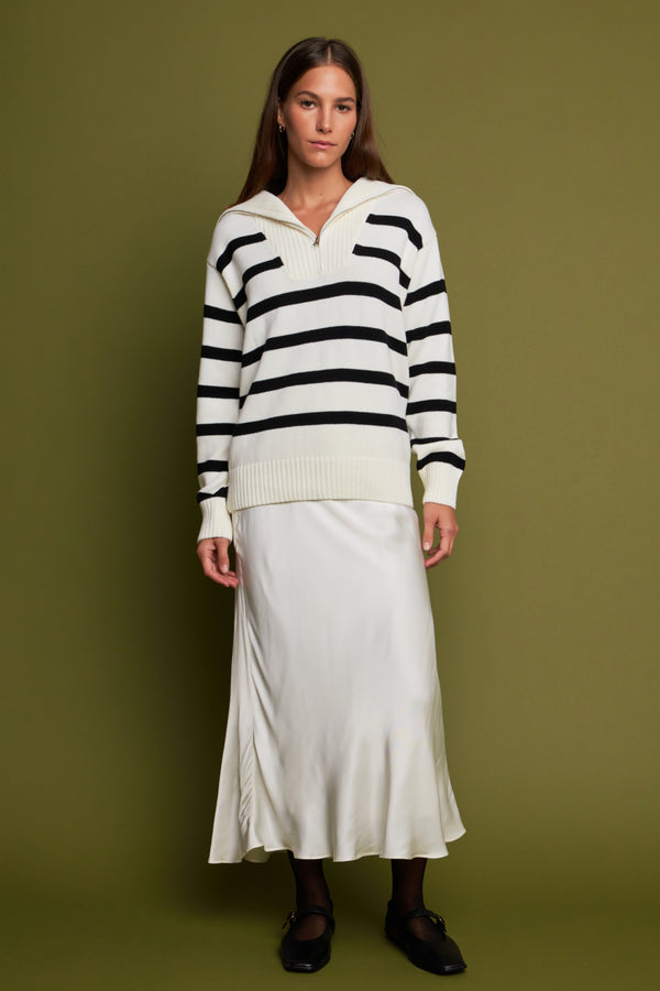 english factory Striped Knit Zip Pullover in White WHITE