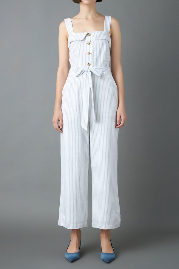 English Factory Striped Linen Jumpsuit With Wooden Buttons WHITE