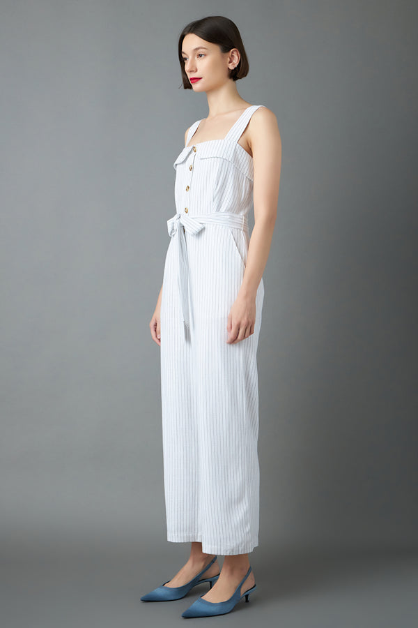 English Factory Striped Linen Jumpsuit With Wooden Buttons WHITE