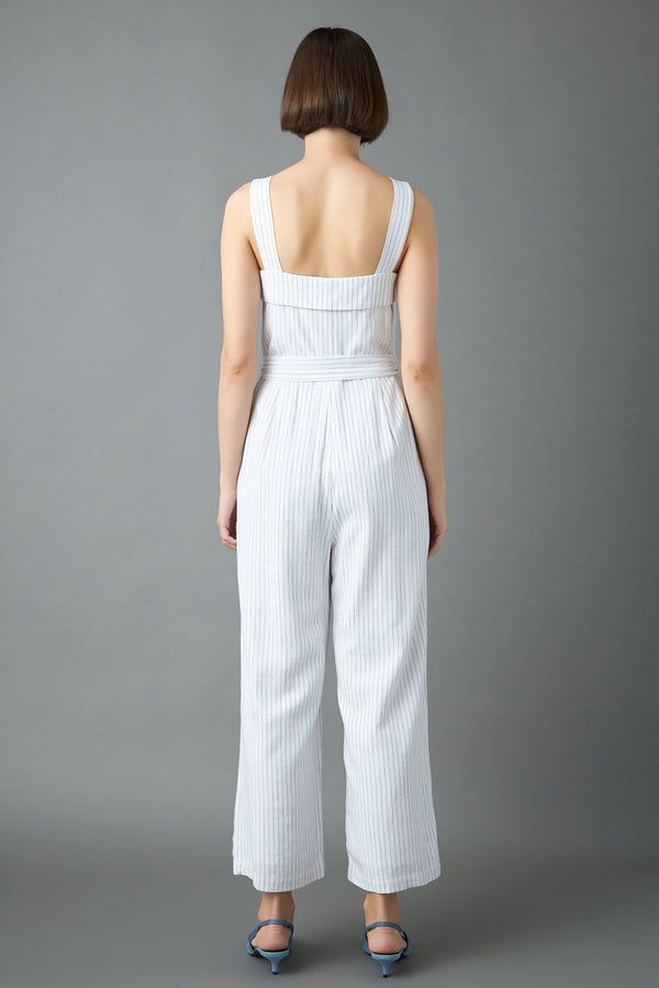 English Factory Striped Linen Jumpsuit With Wooden Buttons WHITE