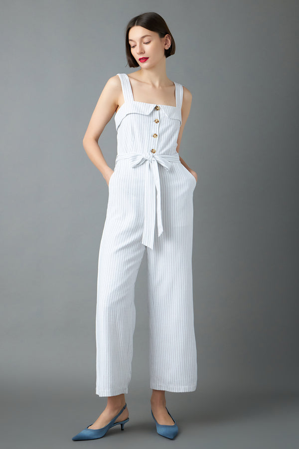 english factory Striped Linen Jumpsuit with Wooden Buttons WHITE