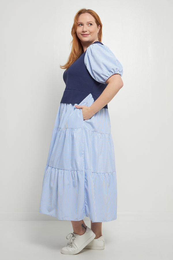 English Factory Striped Mixed Media Maxi Dress NAVY / STRIPE