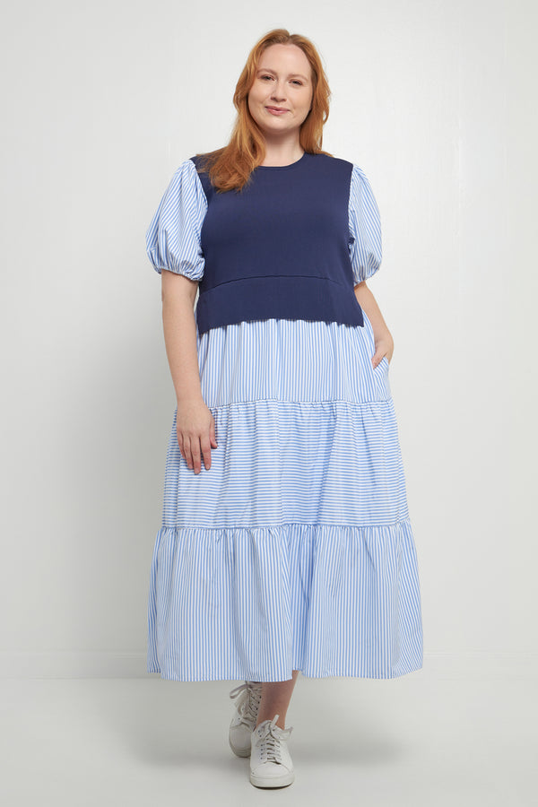 english factory Striped Mixed Media Maxi Dress NAVY / STRIPE