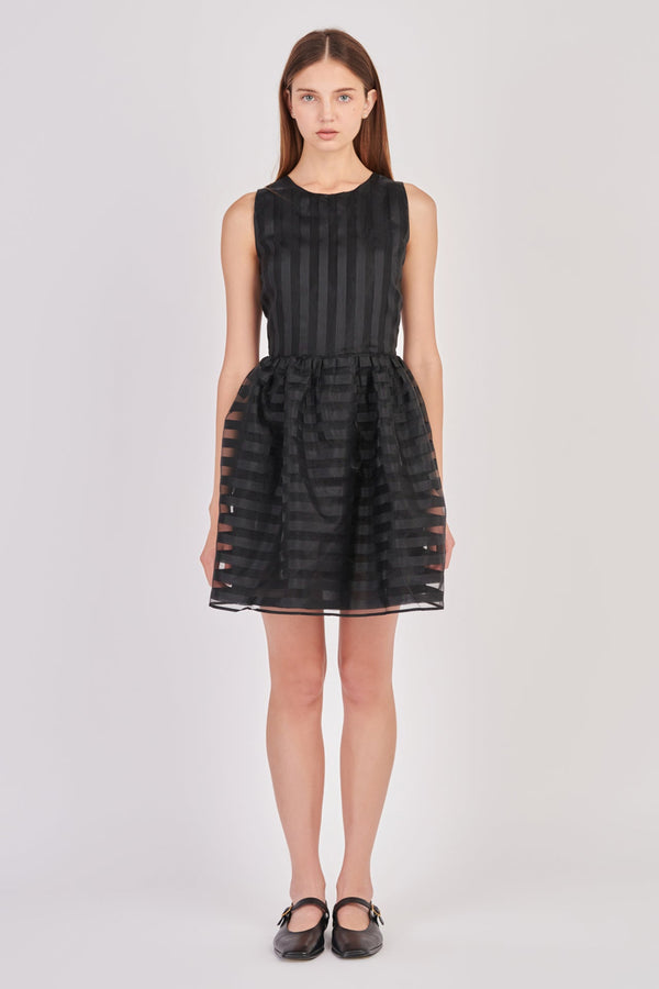 english factory Striped Organza Sleeveless Mini Dress BLACK