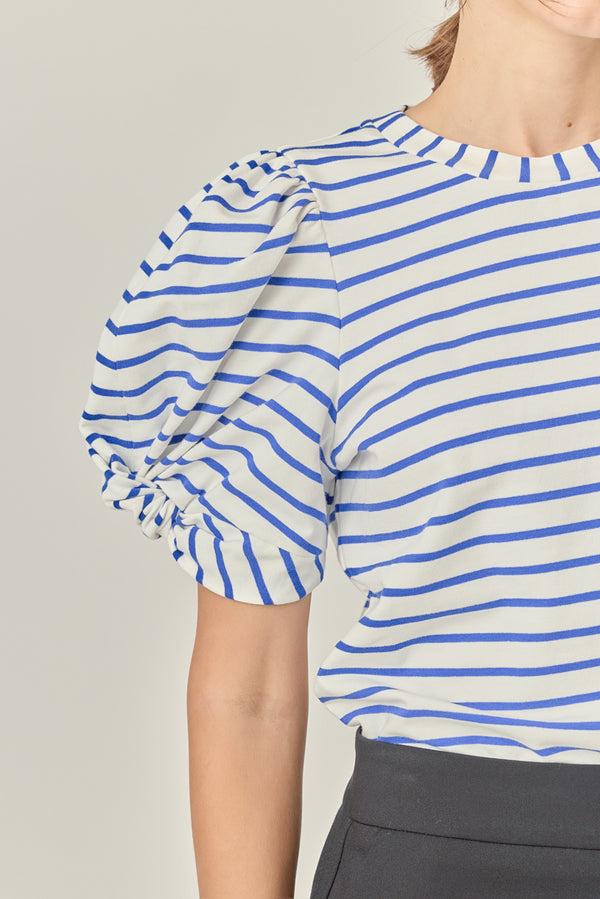 English Factory Striped Puff Sleeve Crewneck Top WHITE/BLUE