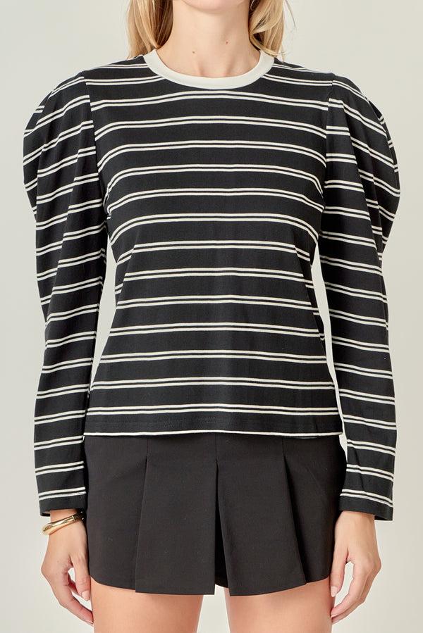 English Factory Striped Puff Sleeves Top BLACK/OFF WHITE