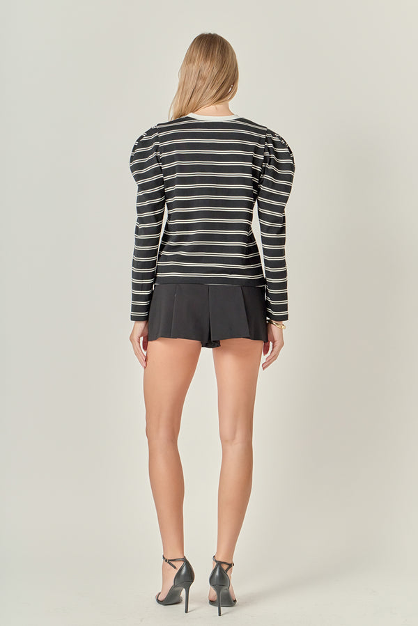 English Factory Striped Puff Sleeves Top BLACK/OFF WHITE
