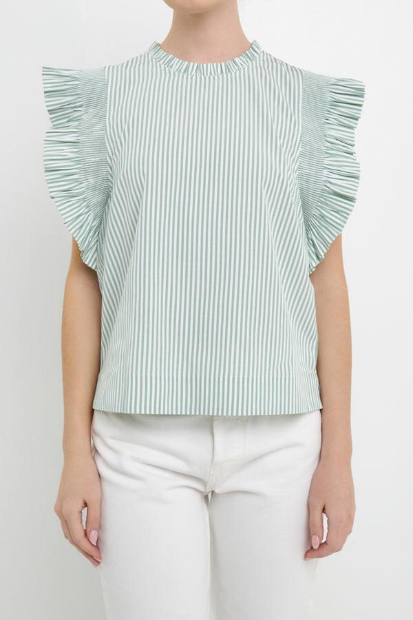 English Factory Striped Ruffled Top In Green GREEN/WHITE
