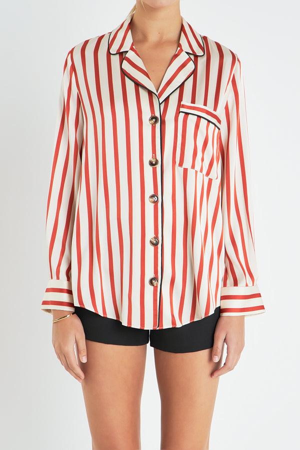 English Factory Striped Satin Shirt With Piping CREAM/BURNT ORANGE