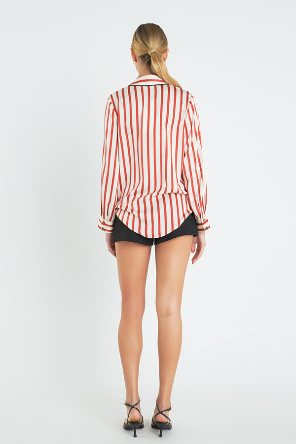 English Factory Striped Satin Shirt With Piping CREAM/BURNT ORANGE