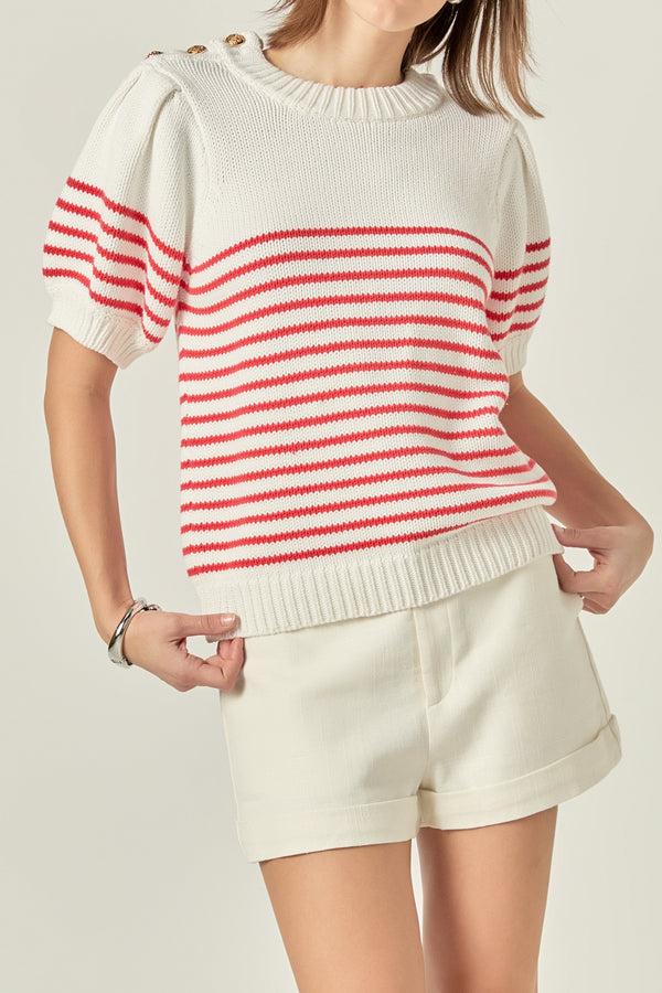 English Factory Striped Short Puff Sleeve Sweater With Buttons OFF WHITE/ RED