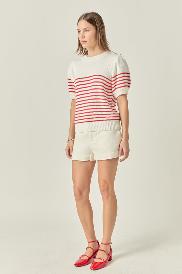 English Factory Striped Short Puff Sleeve Sweater With Buttons OFF WHITE/ RED