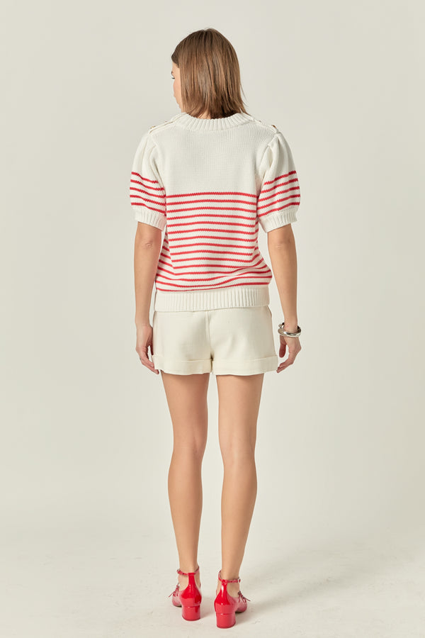 English Factory Striped Short Puff Sleeve Sweater With Buttons OFF WHITE/ RED