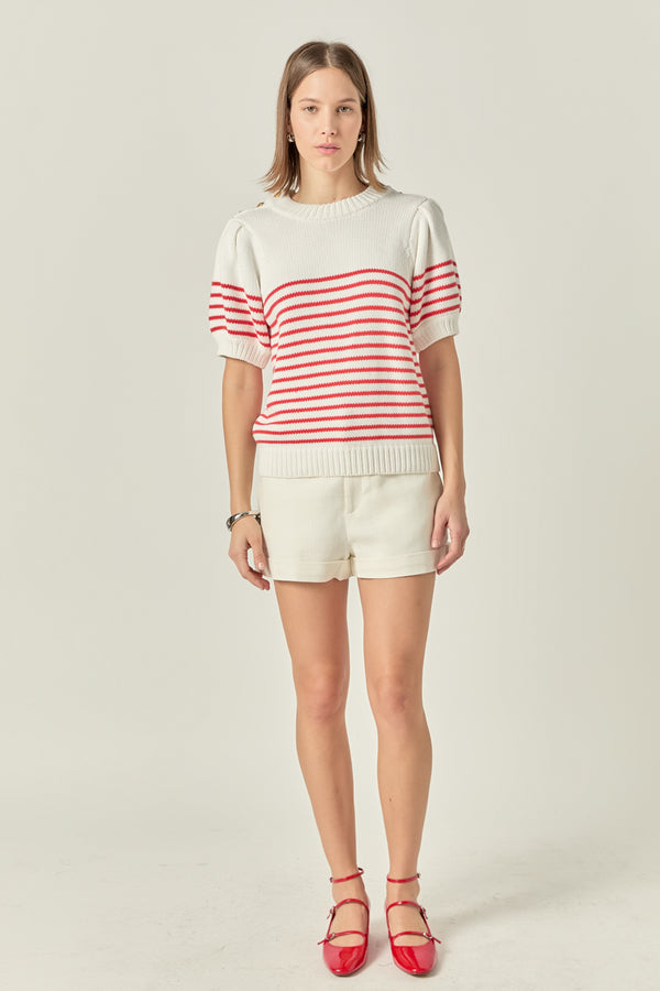 english factory Striped Short Puff Sleeve Sweater with Buttons OFF WHITE/ RED