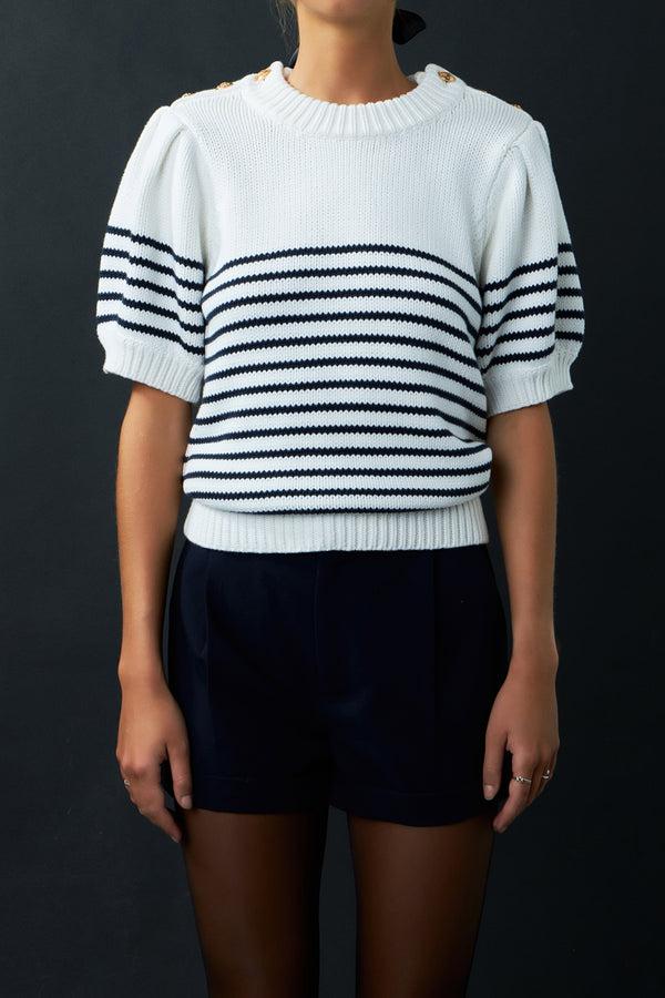 English Factory Striped Short Puff Sleeve Sweater With Buttons WHITE/NAVY