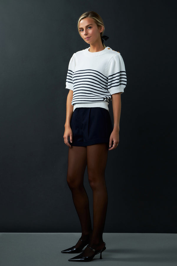 English Factory Striped Short Puff Sleeve Sweater With Buttons WHITE/NAVY