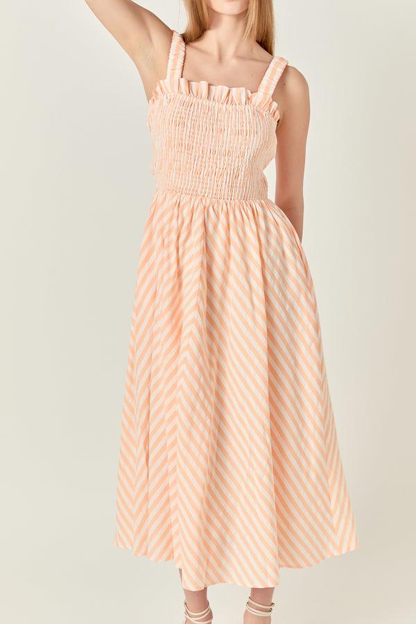 English Factory Striped Smocked Midi Dress WHITE/CORAL