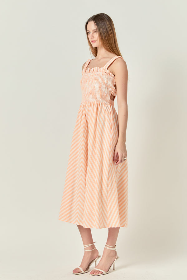 English Factory Striped Smocked Midi Dress WHITE/CORAL