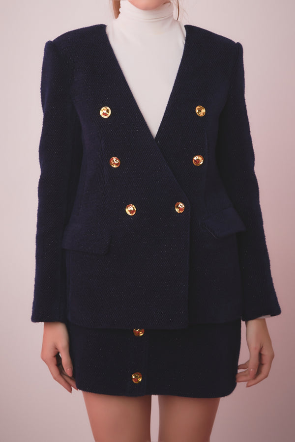 English Factory Structured Lapeless Textured Jacket NAVY
