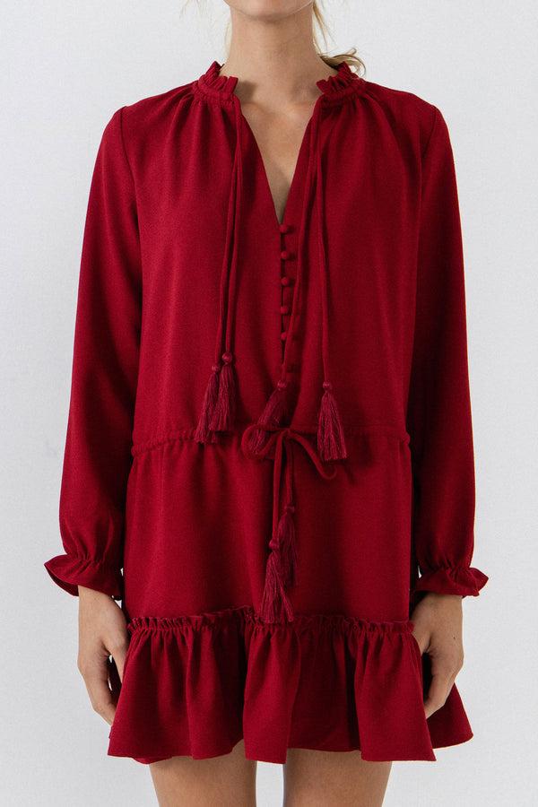 English Factory Tassel Trim Dress With Ruffle At Hem BURGUNDY